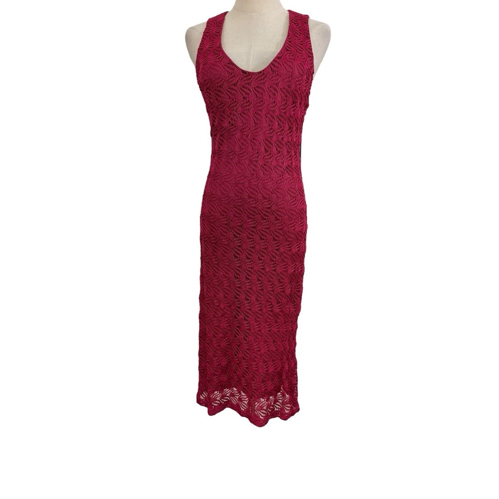 Vtg 90s Andrea Polizzi Crochet Dress Dark Pink Red‎ Column Midi Sz 10 Boho Sexy